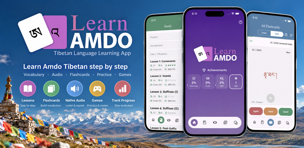 Learn Amdo app preview showing the Study lesson list, Home achievements and an SRS flashcard.